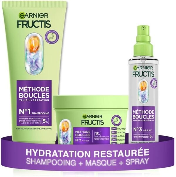 GARNIER FRUCTIS - Méthode Boucles - Routine Cheveux Bouclés - Shampooing (200 ml) + Masque (370 ml) + Spray (150 ml) - Acide Hyaluronique & Beurre...
