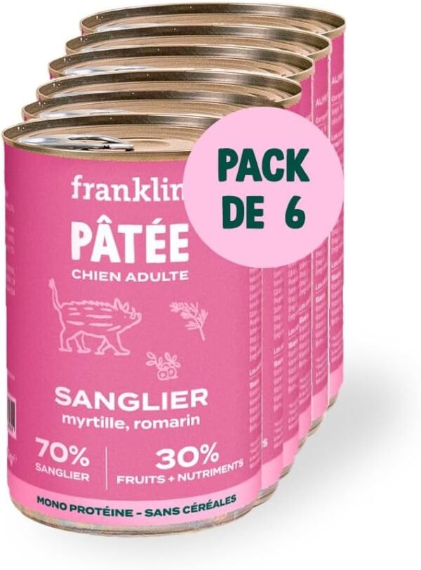 Pâtée pour Chien – sans Céréales – 70% Sanglier – Digestion Facile – Hypoallergénique – Riche en Protéine – Format Boite – 6 x 400g