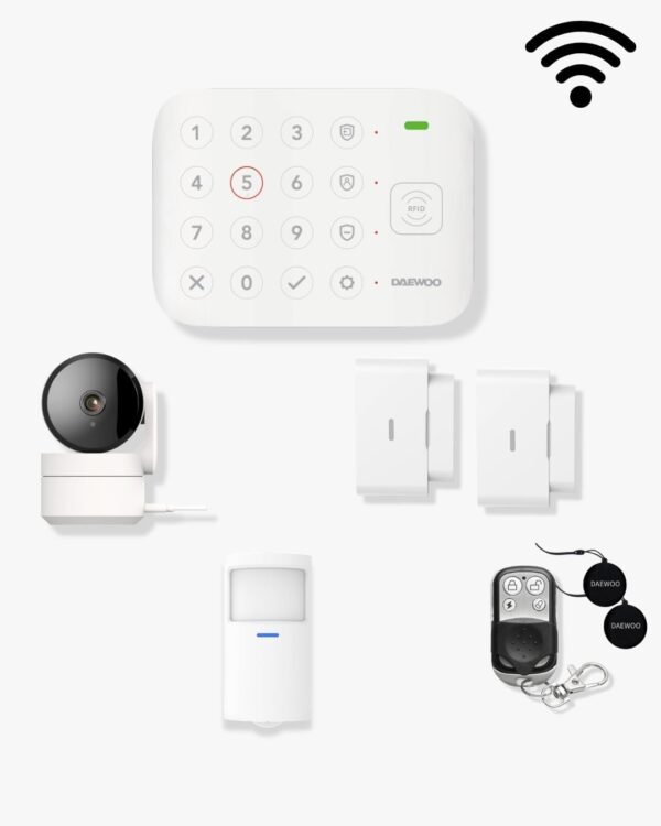 Alarme Maison Connectée Daewoo Vigilia Wi-FI avec Caméra Rotative, Détecteurs Ouverture/Vibration, Détecteur Mouvement Animaux, Télécommande,...