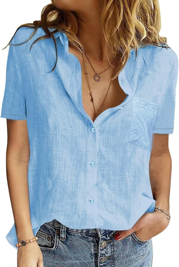 <h3>PASUDA Chemise Femme Haut ÉTÉ pour Femmes Chic et Élégant Coton Lin T-Shirt Manche Courte Col en V Chemisier Tunique Tops avec Boutons D'été Décontractés Ample Couleur Unie Blouse</h3>
