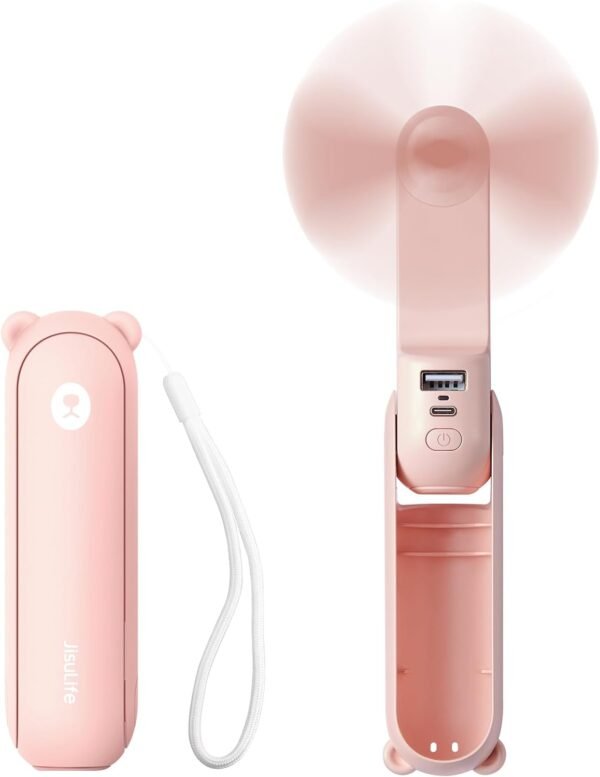 <h3>Jisulife Mini ventilateur portable 3 en 1, rechargeable par USB, ventilateur à piles - 14-21 heures de fonctionnement - batterie externe, fonction lampe de poche pour femme, voyage, extérieur - Rose</h3>