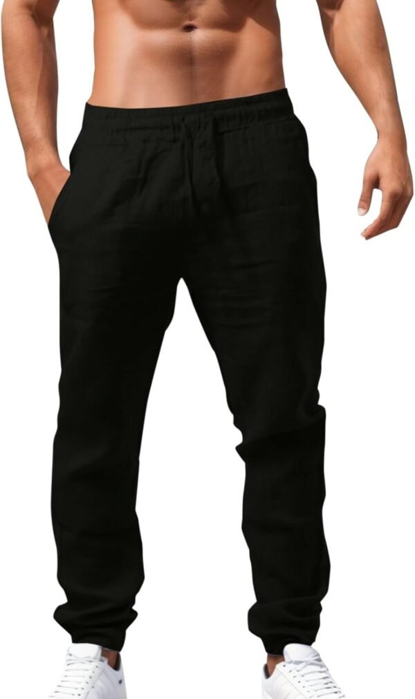 Pantalon Lin Homme Taille Elastique Été Pas Cher Pantalon Coton Lin pour Homme Plage Sport Casual Yoga Toile Pants de Travail Léger Décontracté Coupe Droite avec Cordon de Serrage Poches – Image 2