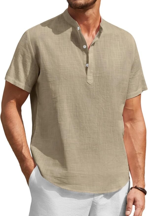 Enlision Chemise Lin Homme Manches Courtes Col Mao Chemise Été Hommes Leger en Coton Lin Chemise de Plage Classique Casual Henley Shirt S-4XL