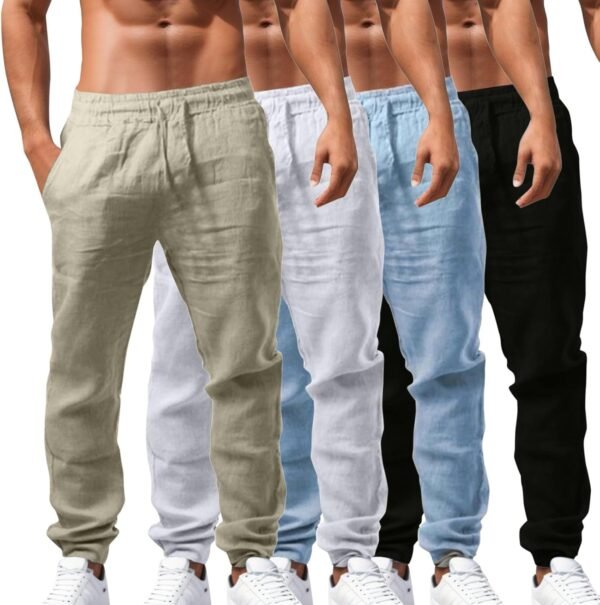 Pantalon Lin Homme Taille Elastique Été Pas Cher Pantalon Coton Lin pour Homme Plage Sport Casual Yoga Toile Pants de Travail Léger Décontracté Coupe Droite avec Cordon de Serrage Poches