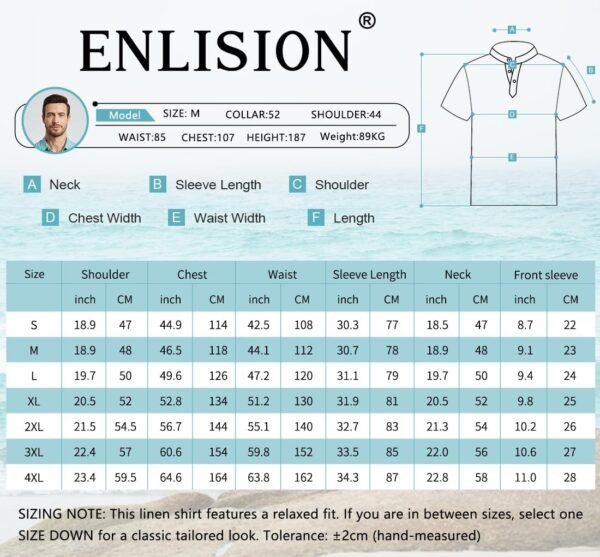 Enlision Chemise Lin Homme Manches Courtes Col Mao Chemise Été Hommes Leger en Coton Lin Chemise de Plage Classique Casual Henley Shirt S-4XL – Image 6