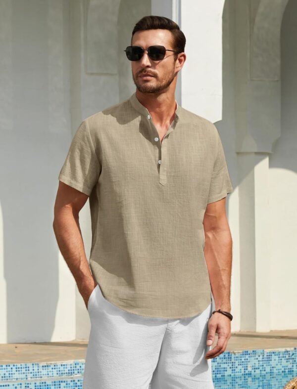 Enlision Chemise Lin Homme Manches Courtes Col Mao Chemise Été Hommes Leger en Coton Lin Chemise de Plage Classique Casual Henley Shirt S-4XL – Image 8