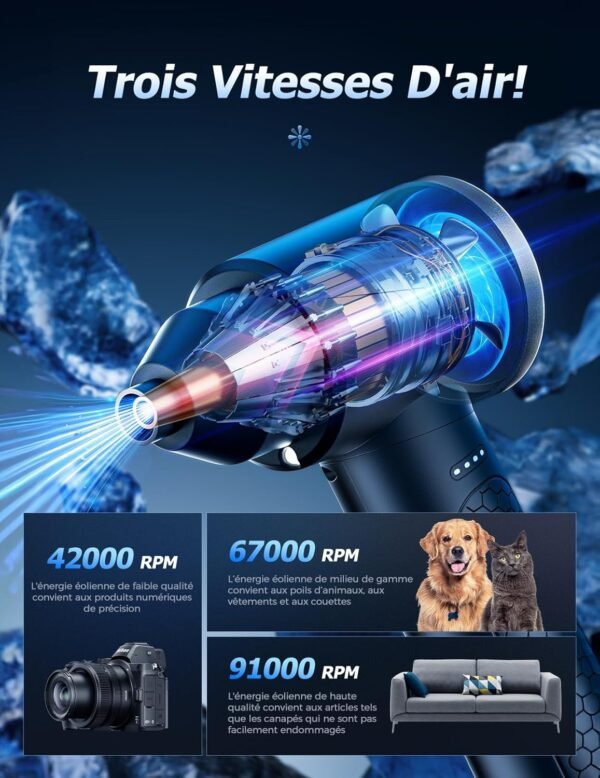 <h3>Souffleur Air Comprimé, 100000 TR/Min de Souffleur pc avec Batterie 9000mAh, Bombe Air Sec - Nettoyage PC, Plumeau Air Comprimé à 3 Vitessesavec Lumière LED pour Le Nettoyage de Canapé, Voiture</h3> – Image 3