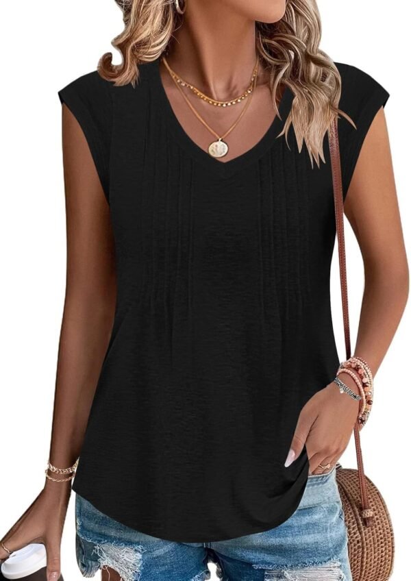 <h3>PLOKNRD T-Shirt D'été Col V pour Femme Hauts Décontractés à Manches Courtes Élégant Plissé Top Lâche avec Legging</h3>