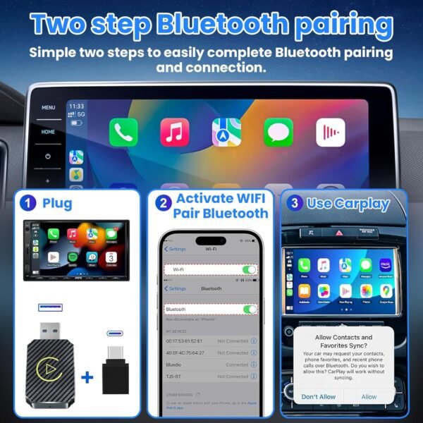 <h3>Adaptateur CarPlay sans Fil & Android Auto sans Fil,2 en 1 Wireless Carplay Adapter,Android Auto/Carplay Filaire en sans Fil pour Voitures Équipées de CarPlay & AA,USB C/A,Plug and Play</h3> – Image 6