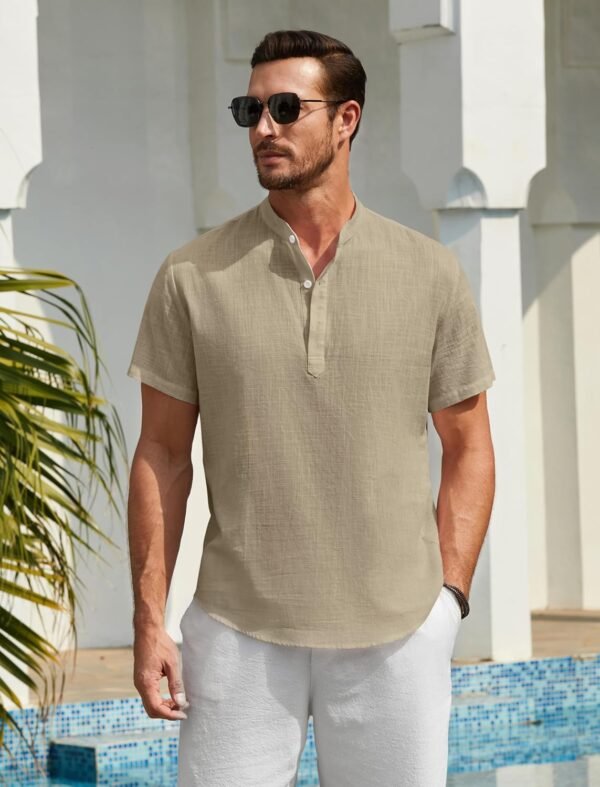 Enlision Chemise Lin Homme Manches Courtes Col Mao Chemise Été Hommes Leger en Coton Lin Chemise de Plage Classique Casual Henley Shirt S-4XL – Image 9