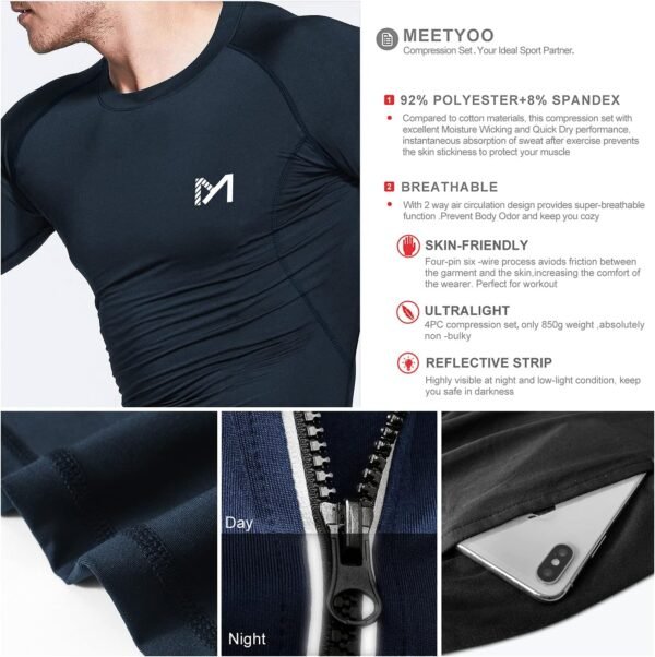 MEETYOO Tee Shirt Compression Homme, Legging Sport Short Fitness T Shirt Manches Courtes Collant Gym Running Vetement pour Jogging Musculation – Image 3