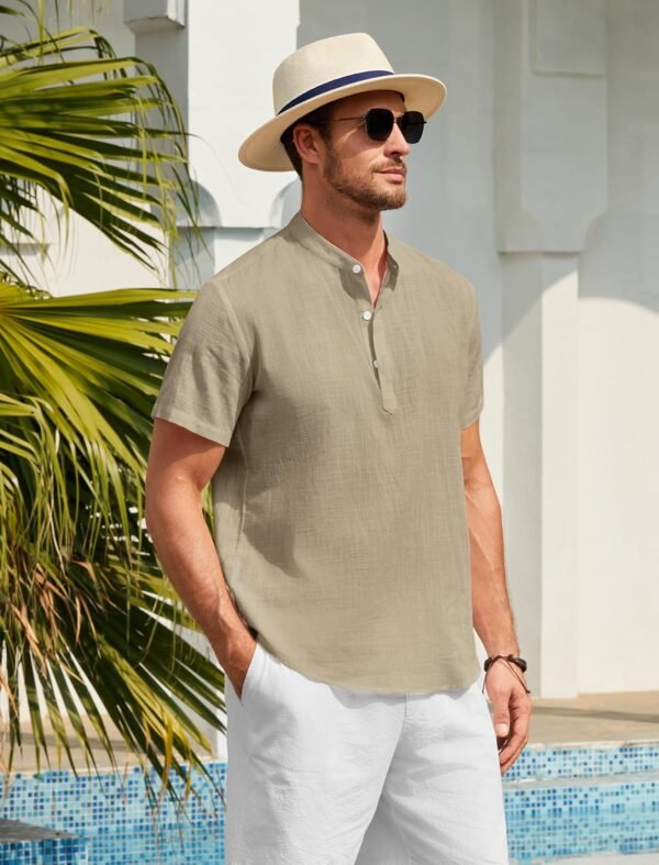 Enlision Chemise Lin Homme Manches Courtes Col Mao Chemise Été Hommes Leger en Coton Lin Chemise de Plage Classique Casual Henley Shirt S-4XL – Image 7