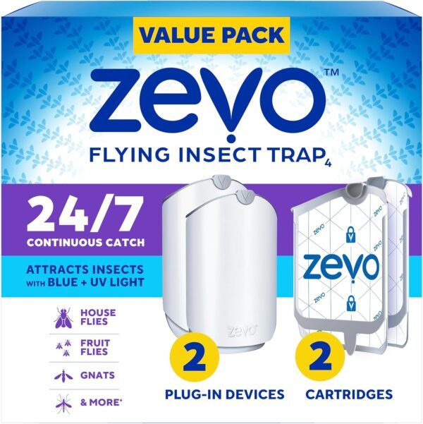 <h3>Zevo Flying Insect Trap for Indoors: Light Trap Captures Fruit Flies, Gnats and Houseflies, Starter Kit Value Pack (2 Plug-in Bases + 2 Cartridges)</h3>