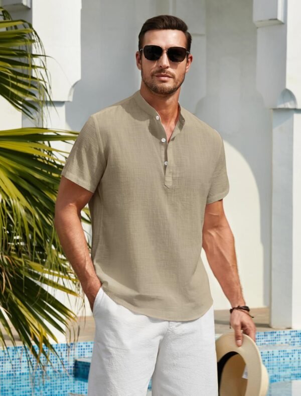 Enlision Chemise Lin Homme Manches Courtes Col Mao Chemise Été Hommes Leger en Coton Lin Chemise de Plage Classique Casual Henley Shirt S-4XL – Image 2