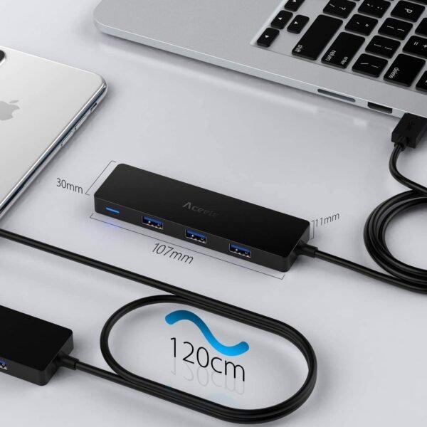 Aceele Data Hub 4 Ports USB 3.0 Ultra Fin avec câble étendu de 120cm/4ft - Hub USB 3.0 pour Macbook, Mac Pro/Mini, iMac, Surface Pro, XPS, Notebook PC, clés USB, disques durs externes, etc. – Image 3