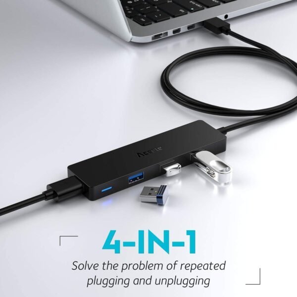 Aceele Data Hub 4 Ports USB 3.0 Ultra Fin avec câble étendu de 120cm/4ft - Hub USB 3.0 pour Macbook, Mac Pro/Mini, iMac, Surface Pro, XPS, Notebook PC, clés USB, disques durs externes, etc. – Image 2