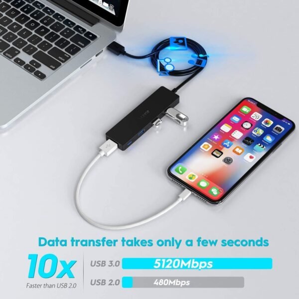 Aceele Data Hub 4 Ports USB 3.0 Ultra Fin avec câble étendu de 120cm/4ft - Hub USB 3.0 pour Macbook, Mac Pro/Mini, iMac, Surface Pro, XPS, Notebook PC, clés USB, disques durs externes, etc. – Image 5