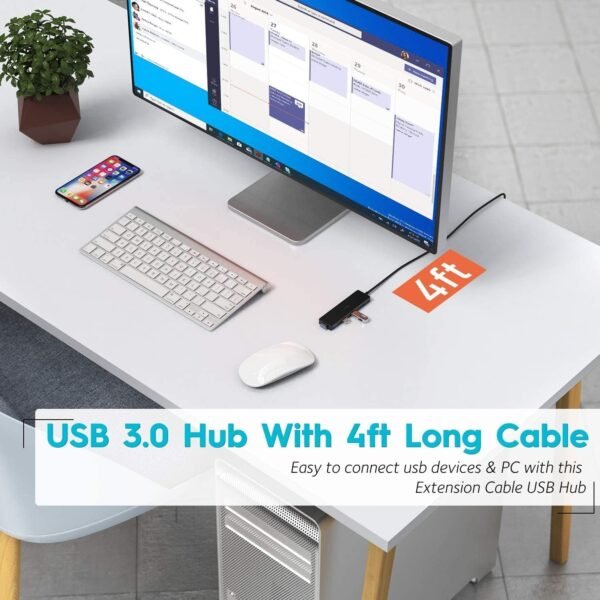 Aceele Data Hub 4 Ports USB 3.0 Ultra Fin avec câble étendu de 120cm/4ft - Hub USB 3.0 pour Macbook, Mac Pro/Mini, iMac, Surface Pro, XPS, Notebook PC, clés USB, disques durs externes, etc. – Image 4
