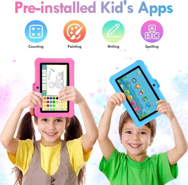 TABTIVI Tablette Enfants 7 Pouces Android, RAM 8 (3+5) Go, ROM 64 Go (TF 128 Go), GMS Certified, Apps Pré-Installé, Éducative, Contrôle Parental, WiFi, Kid-Proof Étui avec Support réglable (Rose) – Image 3