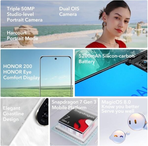 HONOR 200 5G Smartphone 12Go 512Go, 120Hz 6.7" AMOLED, Snapdragon 7 Gen 3, 5200mAh Batterie, Triple Appareil Photo 50 MP, Android 14, Dual Sim, NFC, (sans Chargeur) Vert – Image 2