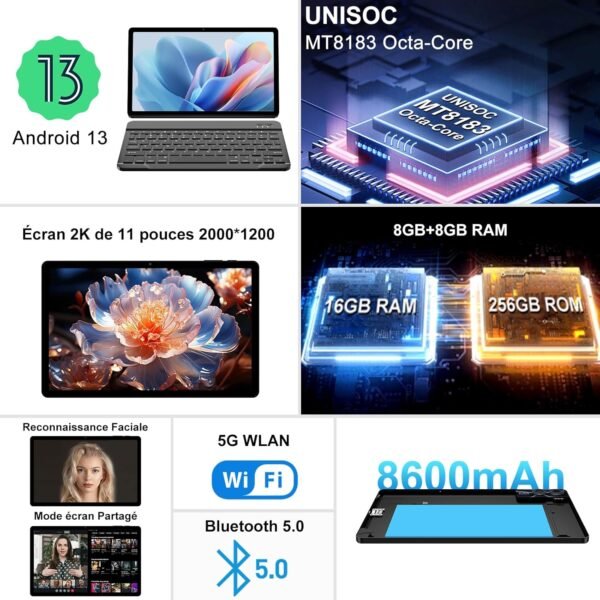 Tablette Android Octa-Core 11 Pouces, 16 Go RAM + 256 Go ROM (1 to TF) | 5G + 2,4 G WiFi | 8600 mAh | 13 MP + 5 MP, Tablette Tactile avec étui de Protection, Clavier et Souris - Noir – Image 2