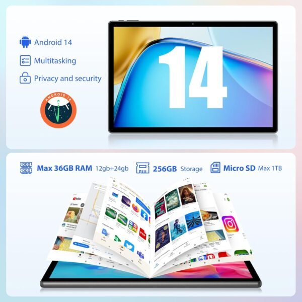 PIXPEAK 2.5K Tablette 14 Pouces, 4G Lte/5G WiFi, INCELL 2240 x 1400 FHD, 11580mAh, 36GB RAM, 256GB ROM (Extension 2TB), Android 14.0, Octa-Core, 13MP+8MP, Tablette Tactile avec étui/GPS/Bluet (Bleu) – Image 4