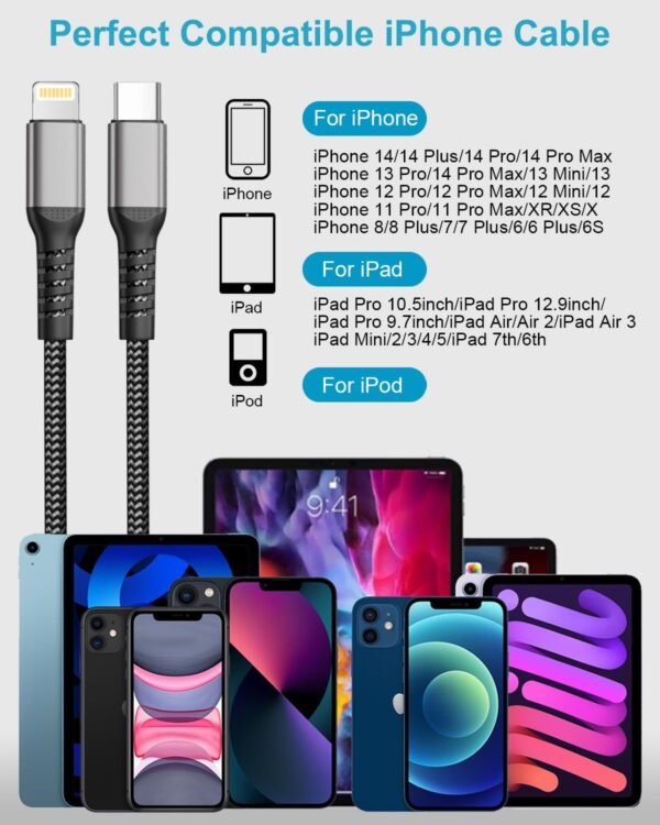 KINPEE Cable USB C vers Lightning 0.3M Lot de 2[Certifiés MFi], Cable Lightning USB C Charge Rapide Câble Chargeur iPhone Nylon Cordon iPhone Fil Chargeur pour iPhone 14/13/12/11/X/8, iPad, AirPods – Image 6