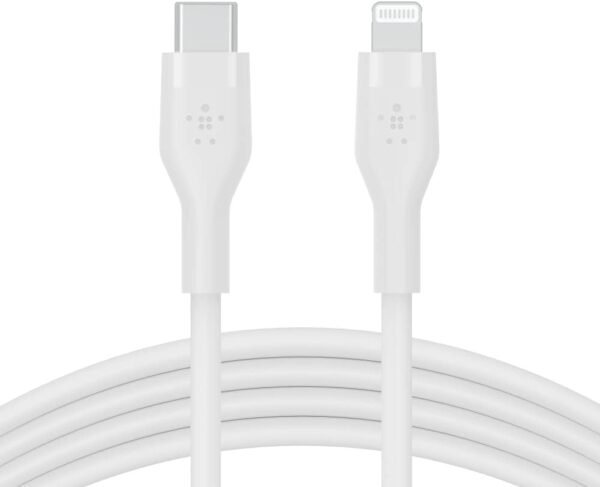 Belkin Câble USB-C vers Lightning BoostCharge Flex en silicone (2 m), certifié MFi (20 W), recharge Power Delivery pour iPhone 14/14 Plus, 13, 12, Pro, Max, mini, SE, iPad, etc. (blanc)