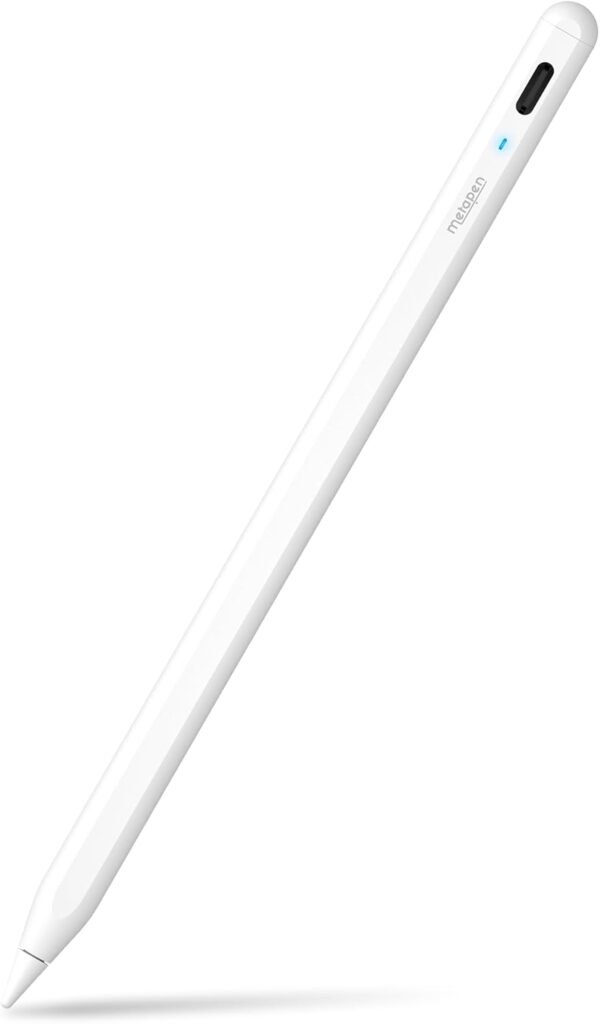 Metapen Stylet A8 Compatible avec Apple iPad 2018-2025 pour iPad 11 A16/10/9/8/7/6,Pro 3/4/5/6/M4,Air 3/4/5/M2/M3,Mini 5/6,Pencil Charge Rapide,Reject de Paume,Détection d'inclinaison (Blanc)