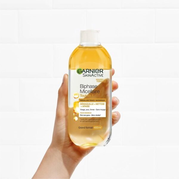 GARNIER Skin Active - Biphase Micellaire - Tout-en-1 - Nettoie, Démaquille & Apaise - Visage, Yeux, Lèvres - Enrichie En Micelles & Huiles - Vegan & Cruelty Free - Tous Types de Peaux - 400 ml – Image 6