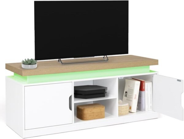 IDMarket - Meuble TV 110 cm 2 Portes Luna à LEDs Blanc et Plateau Effet Bois – Image 5