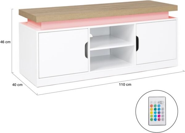 IDMarket - Meuble TV 110 cm 2 Portes Luna à LEDs Blanc et Plateau Effet Bois – Image 3