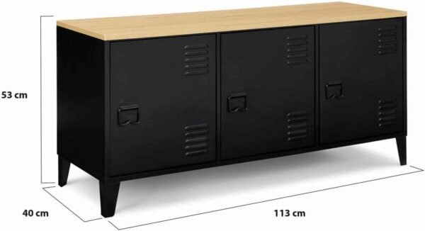 IDMarket - Buffet Bas 113 cm Ester 3 Portes métal Noir Plateau Bois Design Industriel – Image 5