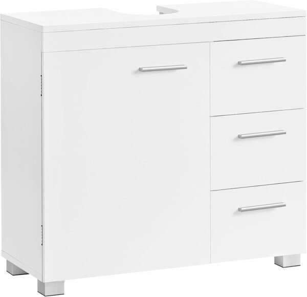 VASAGLE Meuble sous Lavabo, Meuble de Salle de Bain, 3 Tiroirs Latéraux, 2 Compartiments Derrière la Porte, avec Pieds, 30 x 70 x 64 cm, Blanc Nuage BBK503W10