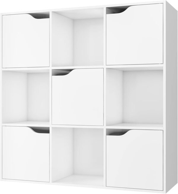 FirFurd Bibliothèque Blanc avec 9 Compartiments Étagère avec 5 Portes Meuble de Rangement en Bois Bibliotheque 3 Niveaux pour Salon Chambre 90x29x90cm – Image 8