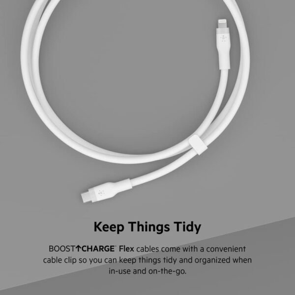 Belkin Câble USB-C vers Lightning BoostCharge Flex en silicone (2 m), certifié MFi (20 W), recharge Power Delivery pour iPhone 14/14 Plus, 13, 12, Pro, Max, mini, SE, iPad, etc. (blanc) – Image 4