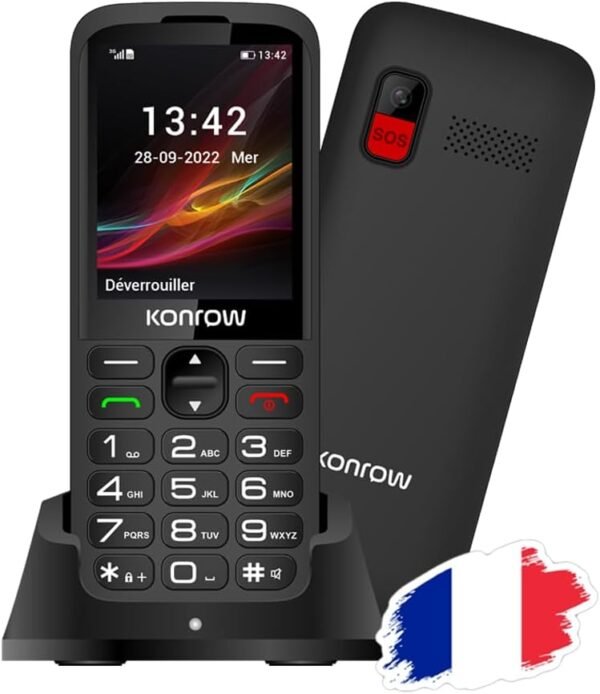 Konrow Senior 280 - Grosses Touches - Très Facile d'Utilisation - Écran 2,8'' Lisibilité Optimale - Double Sim - Station de Charge - Bouton SOS - Appareil Photo et Bluetooth - 32Mo RAM - Noir