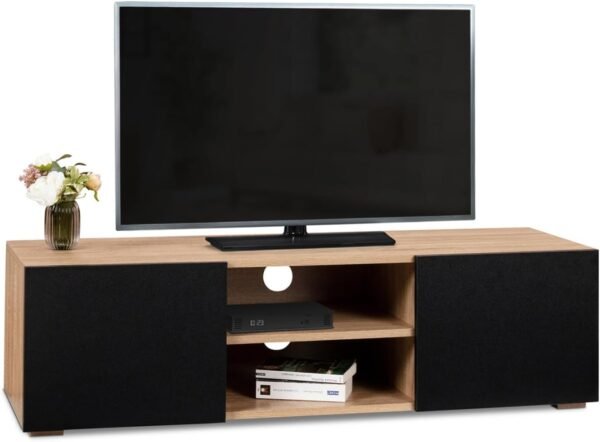 IDMarket - Meuble TV 113 cm ELI Bois façon hêtre Portes Noires