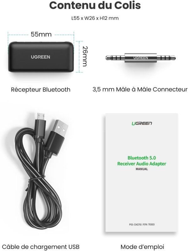 UGREEN Récepteur Bluetooth 5.0 Voiture Adaptateur Bluetooth Aux 3.5mm Jack Kit Mains Libres Réduction du Bruit avec Mic Intégré pour Streaming Maison Kit Auto Haut Parleur Chaine HiFi Stéréo – Image 7