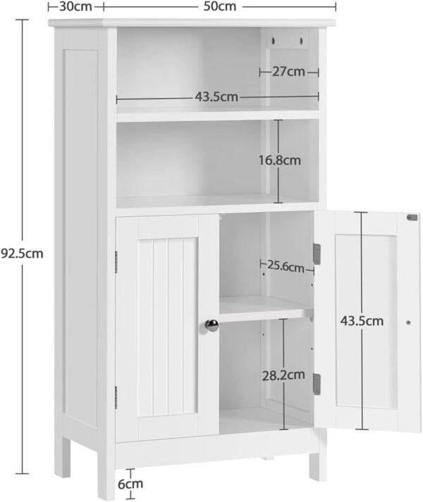 Yaheetech Meuble de Salle de Bain, Meuble de Rangement, 2 Étagères, Armoire Planche Réglable en Hauteur, Salon, Cuisine, Couloir, Profond 50 x 30 x 92,5 cm Blanc – Image 3