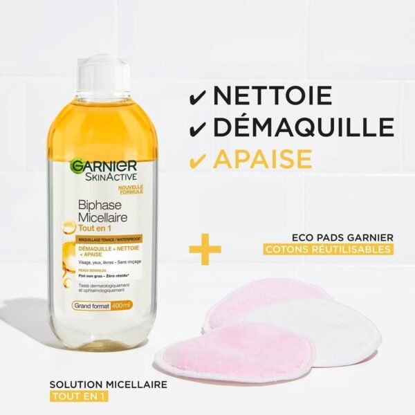 GARNIER Skin Active - Biphase Micellaire - Tout-en-1 - Nettoie, Démaquille & Apaise - Visage, Yeux, Lèvres - Enrichie En Micelles & Huiles - Vegan & Cruelty Free - Tous Types de Peaux - 400 ml – Image 4