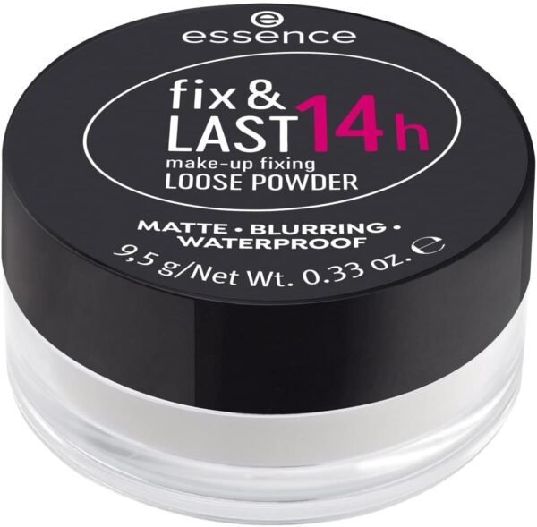 Essence fix & LAST 14h Make-up Loose POWDER Poudre transparente, fixante, durable, absorbant la brillance, mat, végétalien, imperméable, sans particules de microplastiques (9,5 g)