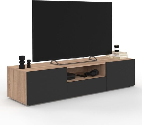 IDMarket - Meuble TV 140 cm ELI Bois façon hêtre Portes Noires