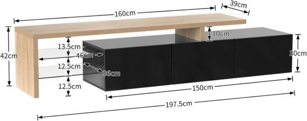 JOROBURO Meuble TV Moderne avec lumières LED Variables, 3 Portes et étagères en Verre – Buffet élégant pour Salon (Blanc) (Noir) – Image 2