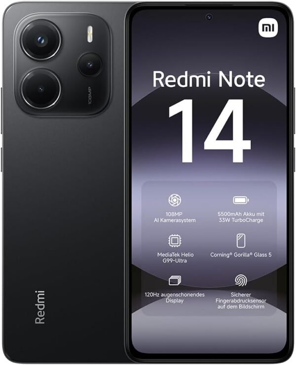 Xiaomi Smartphone Redmi Note 14,8+128GB,Noir,108Système de caméra MP IA,Batterie 5500mAh,écran de Soins oculIAres 120Hz,fonctionnalités IA (Chargeur Non Inclus)(Version Française+2 Ans de Garantie)