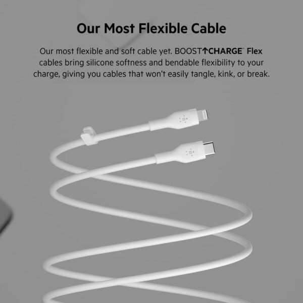 Belkin Câble USB-C vers Lightning BoostCharge Flex en silicone (2 m), certifié MFi (20 W), recharge Power Delivery pour iPhone 14/14 Plus, 13, 12, Pro, Max, mini, SE, iPad, etc. (blanc) – Image 2