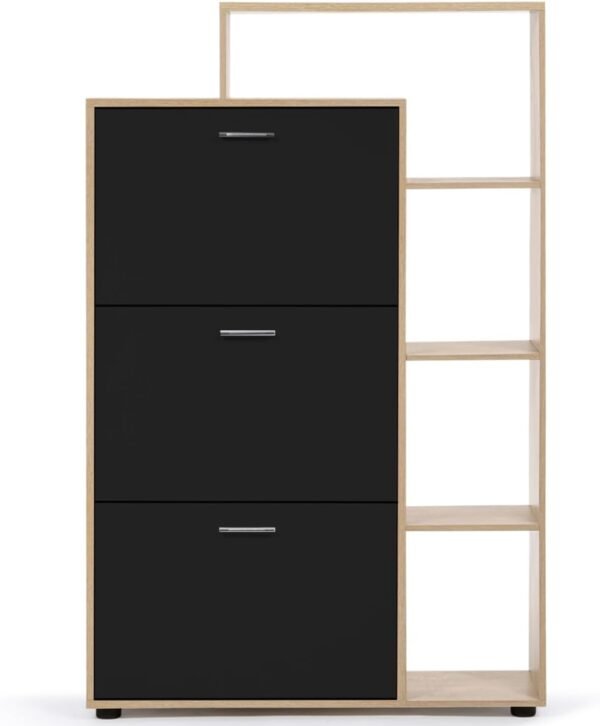 IDMarket - Meuble à chaussures 18 paires KLARK imitation hêtre 3 portes noires avec étagère – Image 3