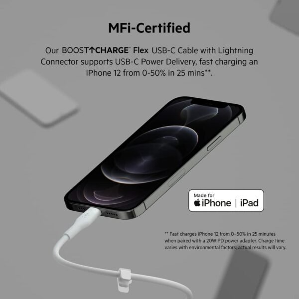 Belkin Câble USB-C vers Lightning BoostCharge Flex en silicone (2 m), certifié MFi (20 W), recharge Power Delivery pour iPhone 14/14 Plus, 13, 12, Pro, Max, mini, SE, iPad, etc. (blanc) – Image 3