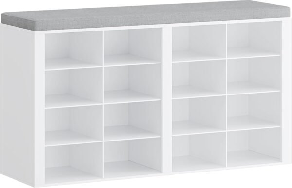 Hzuaneri Banc à Chaussures, Support à Chaussures avec Siège, Banc avec Rangement, Coussin, 16 Compartiments, pour Salon, Couloir, Chambre, Blanc-Gris SB25603GY
