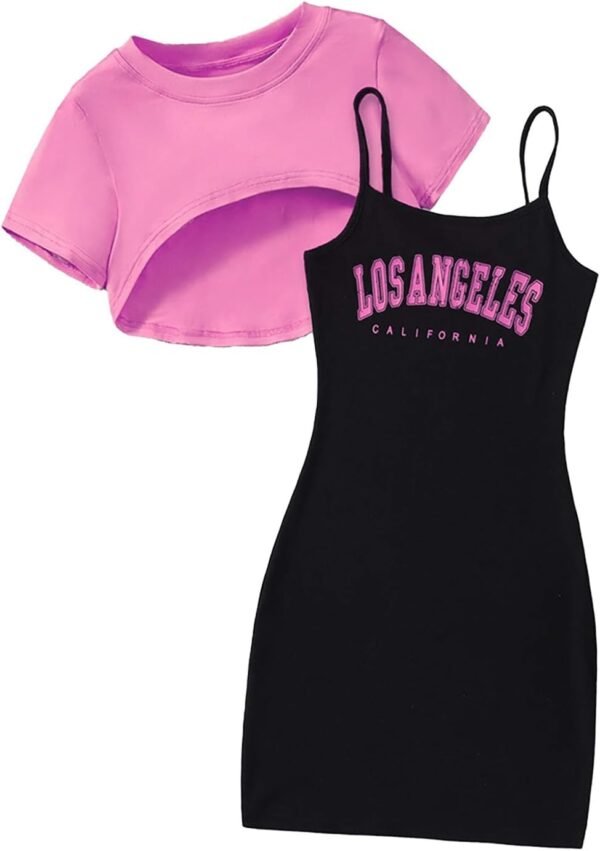 Ensemble de Sport pour Fille - Vêtements Mode Enfant Filles Ensembles Pantalon et Haut été Enfants T-Shirt et Short Set décontracté Lettre imprimée Plaine Top Bottoms Cadeau Fille 7-16 Ans